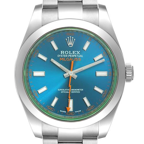 The image shows a front view of a Rolex Milgauss 116400GV Men's Stainless Steel Blue Dial 116400GV Men's Stainless Steel Blue Dial watch, displaying the dial, hour markers, hands, and part of the bracelet.