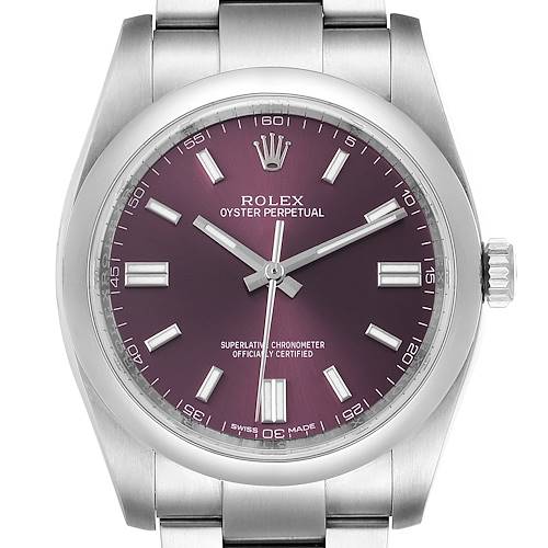 The image shows a front view of a Rolex Oyster Perpetual 116000 Men's Stainless Steel Burgundy Dial 116000 Men's Stainless Steel Burgundy Dial watch, displaying the dial with markers, hands, and the crown.