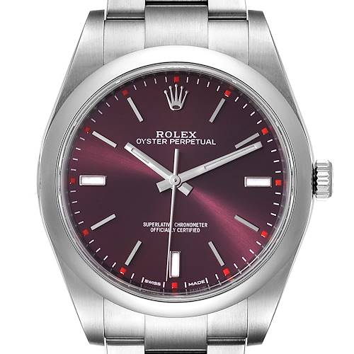 The image shows a front view of a Rolex Oyster Perpetual 114300 Men's Stainless Steel Burgundy Dial 114300 Men's Stainless Steel Burgundy Dial watch featuring its dial, hands, crown, and a portion of the bracelet.