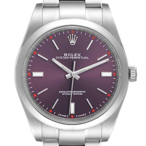 This Rolex Oyster Perpetual 114300 Men's Stainless Steel Burgundy Dial 114300 Men's Stainless Steel Burgundy Dial watch is shown from a straight-on angle, displaying its dial, hands, crown, and part of the bracelet.