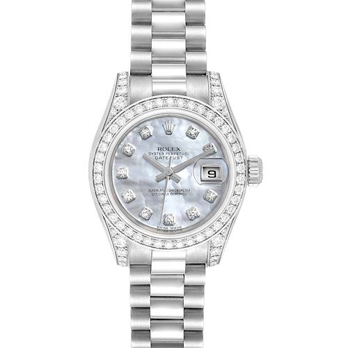 The image shows a Rolex President 179159 Women's White Gold Mother of Pearl Dial 179159 Women's White Gold Mother of Pearl Dial model watch from a top-down angle, highlighting the band, diamond bezel, and dial with date display.