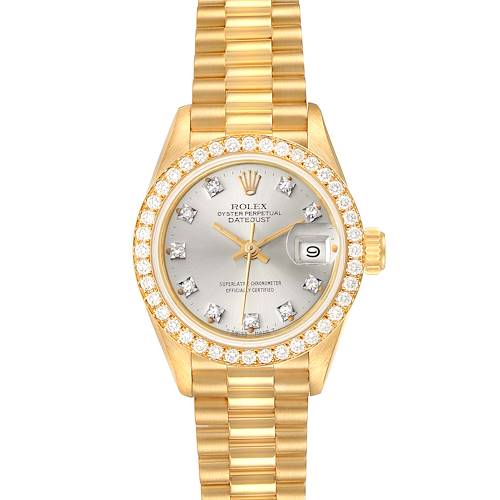 This image shows a front view of the Rolex President 69138 Women's Yellow Gold Silver Dial 69138 Women's Yellow Gold Silver Dial Datejust watch with a gold band and diamond bezel.