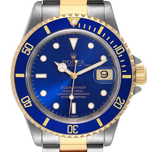 This is a front view of a Rolex Submariner 16613 Men's Steel and Gold (two tone) Blue Dial 16613 Men's Steel and Gold (two tone) Blue Dial watch, showcasing its blue dial, date function, and two-tone metal bracelet.