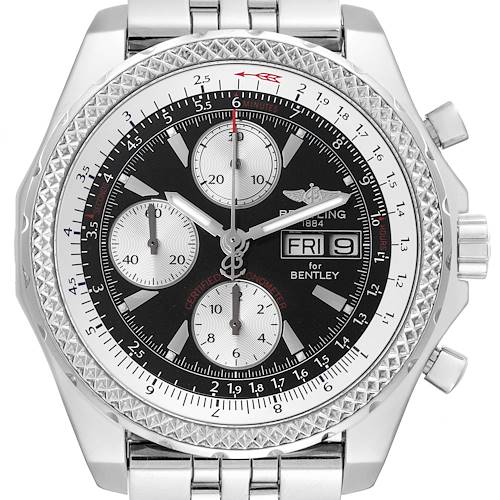 The Breitling Bentley A1336212/B724 Men's Stainless Steel Black Dial A1336212/B724 Men's Stainless Steel Black Dial watch is shown from the front, highlighting the face, bezel, and metal bracelet.