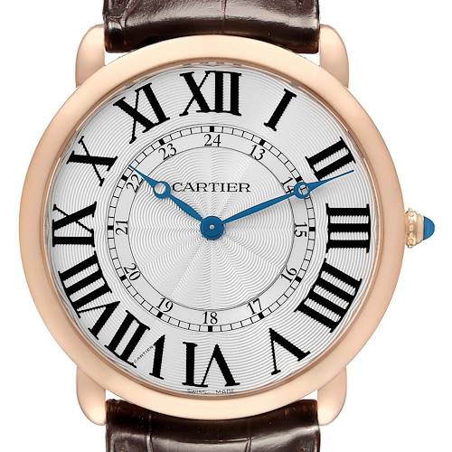 The Cartier Ronde W6801004 Men's Rose Gold Silver Dial watch is shown head-on, displaying its face with Roman numerals, blue hands, and a brown leather strap.