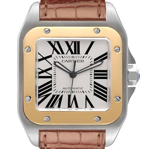 The Cartier Santos W20072X7 Men's Steel and Gold (two tone) Silver Dial W20072X7 Men's Steel and Gold (two tone) Silver Dial watch is shown from the front, highlighting the dial, case, bezel, and leather strap.