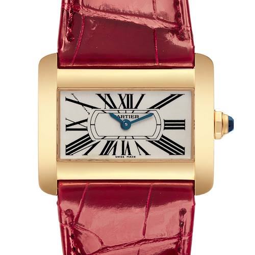 The Cartier Tank Divan W6300356 Women's Yellow Gold Silver Dial W6300356 Women's Yellow Gold Silver Dial watch is shown from the front, highlighting the face, strap, and crown.