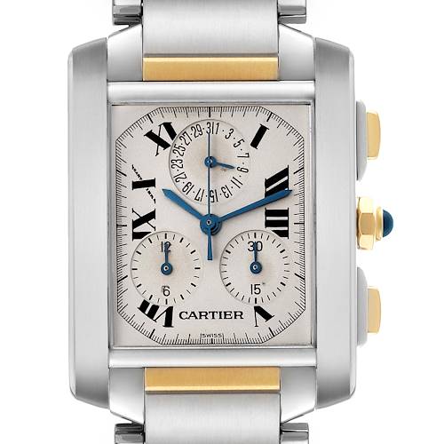 The Cartier Tank Francaise W51004Q4 Men's Steel and Gold (two tone) Silver Dial W51004Q4 Men's Steel and Gold (two tone) Silver Dial watch is shown from a front angle, highlighting its dial, sub-dials, and side buttons.