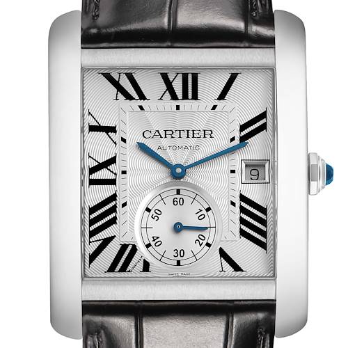 The Cartier Tank MC W5330003 Men's Stainless Steel Silver Dial watch is shown from a top-down angle, displaying the dial, Roman numerals, date window, subdial, and part of the strap.