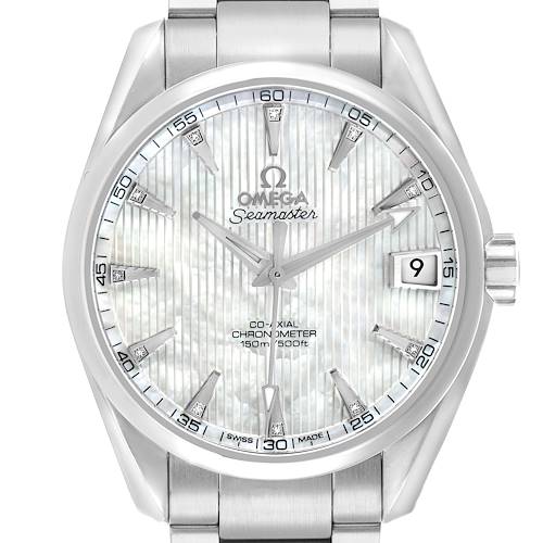 The image shows a front view of the Omega Aqua Terra 231.10.392.21.55.001 Men's Stainless Steel Mother of Pearl Dial watch, highlighting the dial, hands, date window, and case.