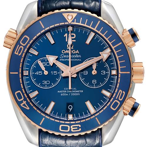 The image shows a front view of the Omega Seamaster Planet Ocean watch, highlighting its face, bezel, chronograph dials, and pushers.