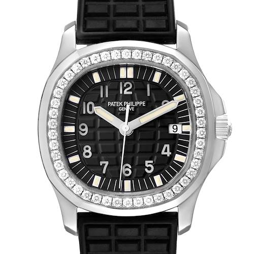 The image shows a frontal view of the Patek Philippe Aquanaut 5067A-014 Women's Stainless Steel Black Dial, featuring a diamond bezel, black dial, and rubber strap.