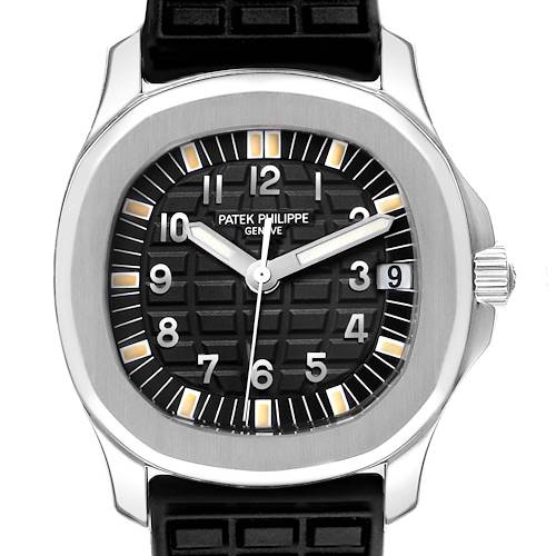 The Patek Philippe Aquanaut 5066A Men's Stainless Steel Black Dial watch is shown from a front angle, highlighting the dial, bezel, and part of the strap.