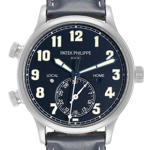 The Patek Philippe Calatrava 5524G Men's White Gold Blue Dial watch is shown from the front, highlighting the dial, numerals, hands, and pushers.