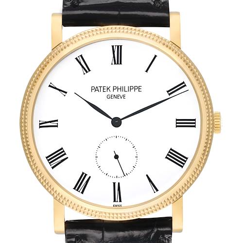 The Patek Philippe Calatrava 5119J-001 Men's Yellow Gold White Dial watch is shown from the front, displaying the dial, Roman numerals, hands, bezel, and part of the strap.