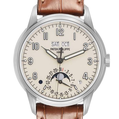 The image shows a front view of the Patek Philippe Complications 5320G Men's White Gold Beige Dial watch, displaying its full dial and leather strap.