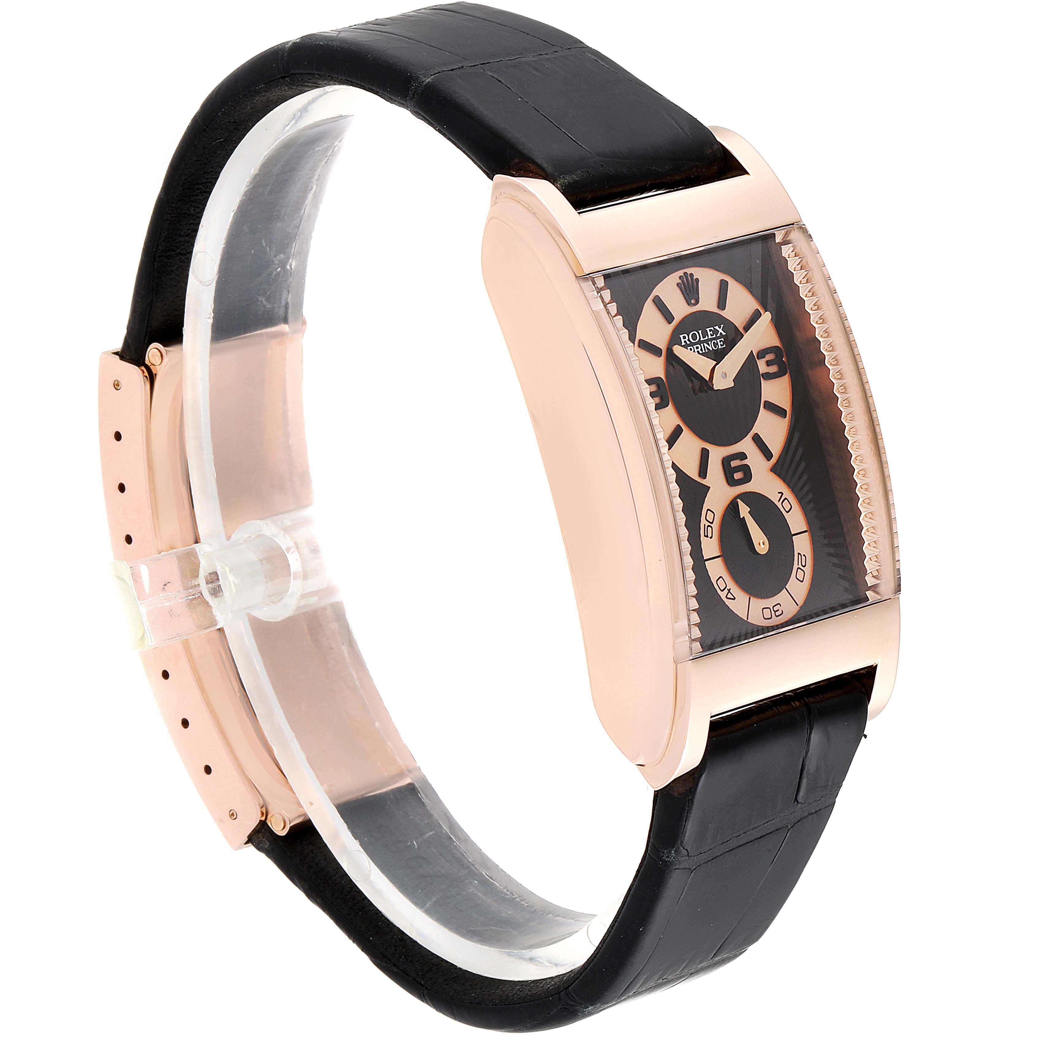 The image shows a side view of a Rolex Cellini 5442 Men's Rose Gold Black Dial 5442 Men's Rose Gold Black Dial watch, highlighting the dial, strap, and side of the case.