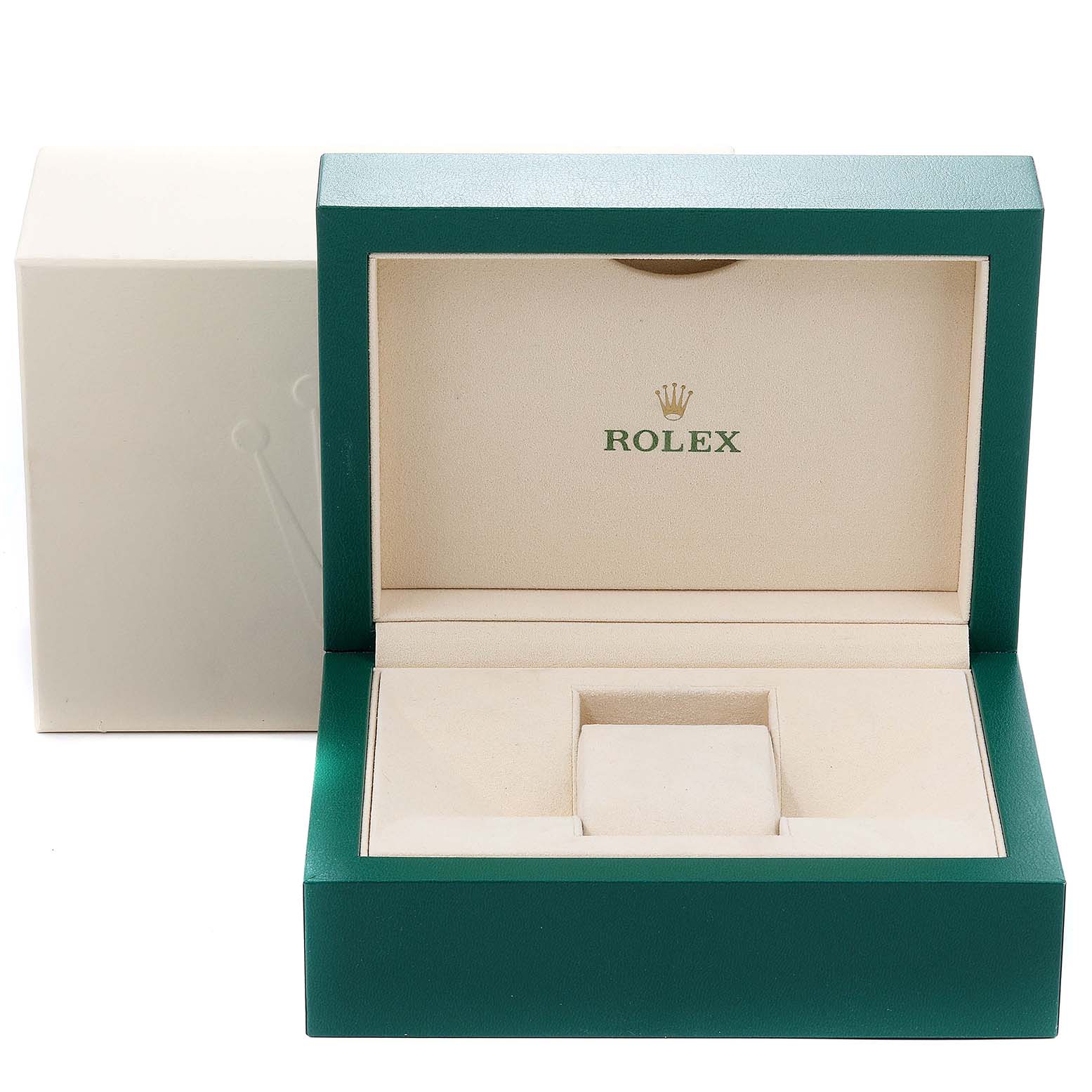 The image shows an open green and cream box for the Rolex Cellini 5442 Men's Rose Gold Black Dial 5442 Men's Rose Gold Black Dial model, displaying the brand logo on the interior lid.
