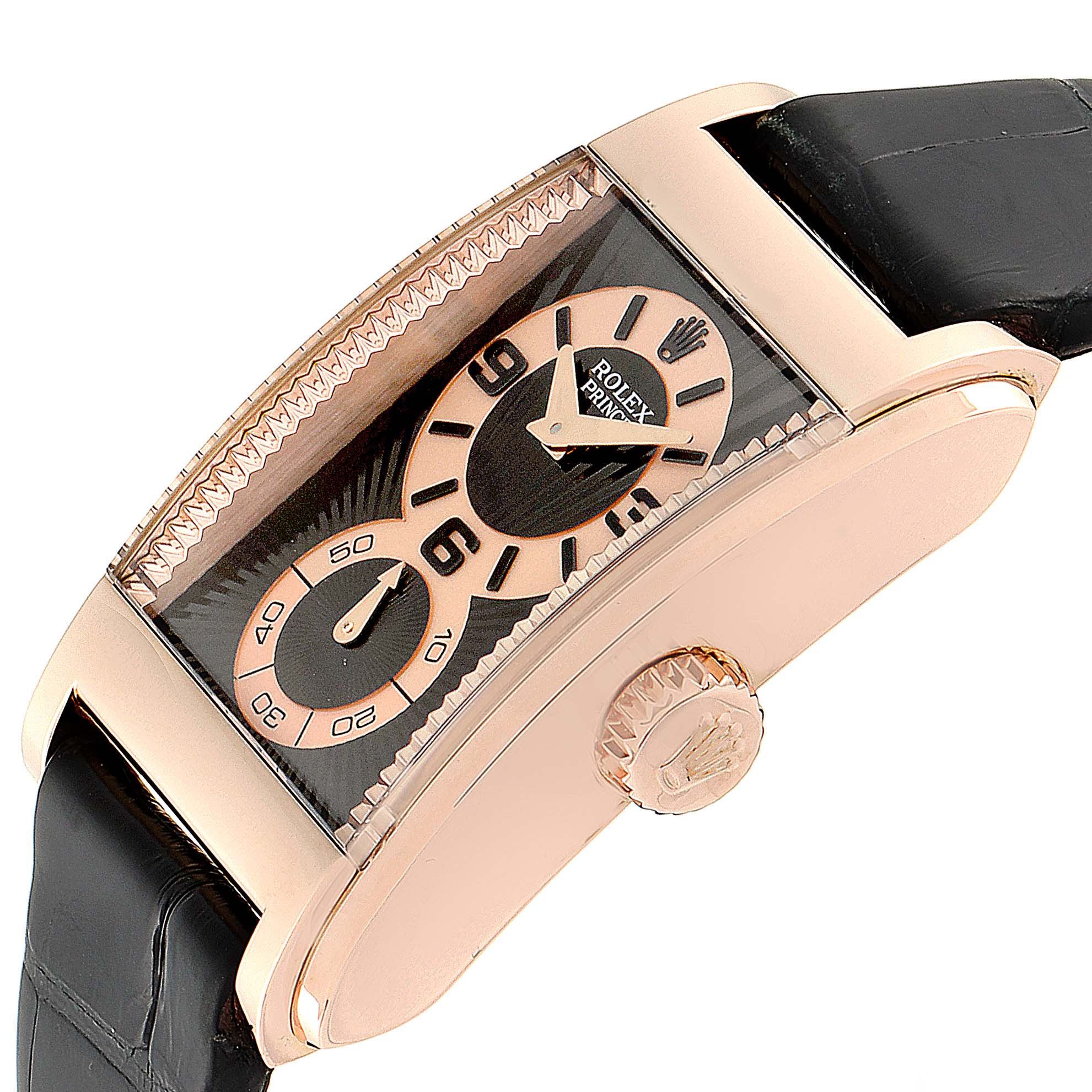 This image shows a side angle of the Rolex Cellini 5442 Men's Rose Gold Black Dial 5442 Men's Rose Gold Black Dial watch, highlighting its dial, crown, and strap.