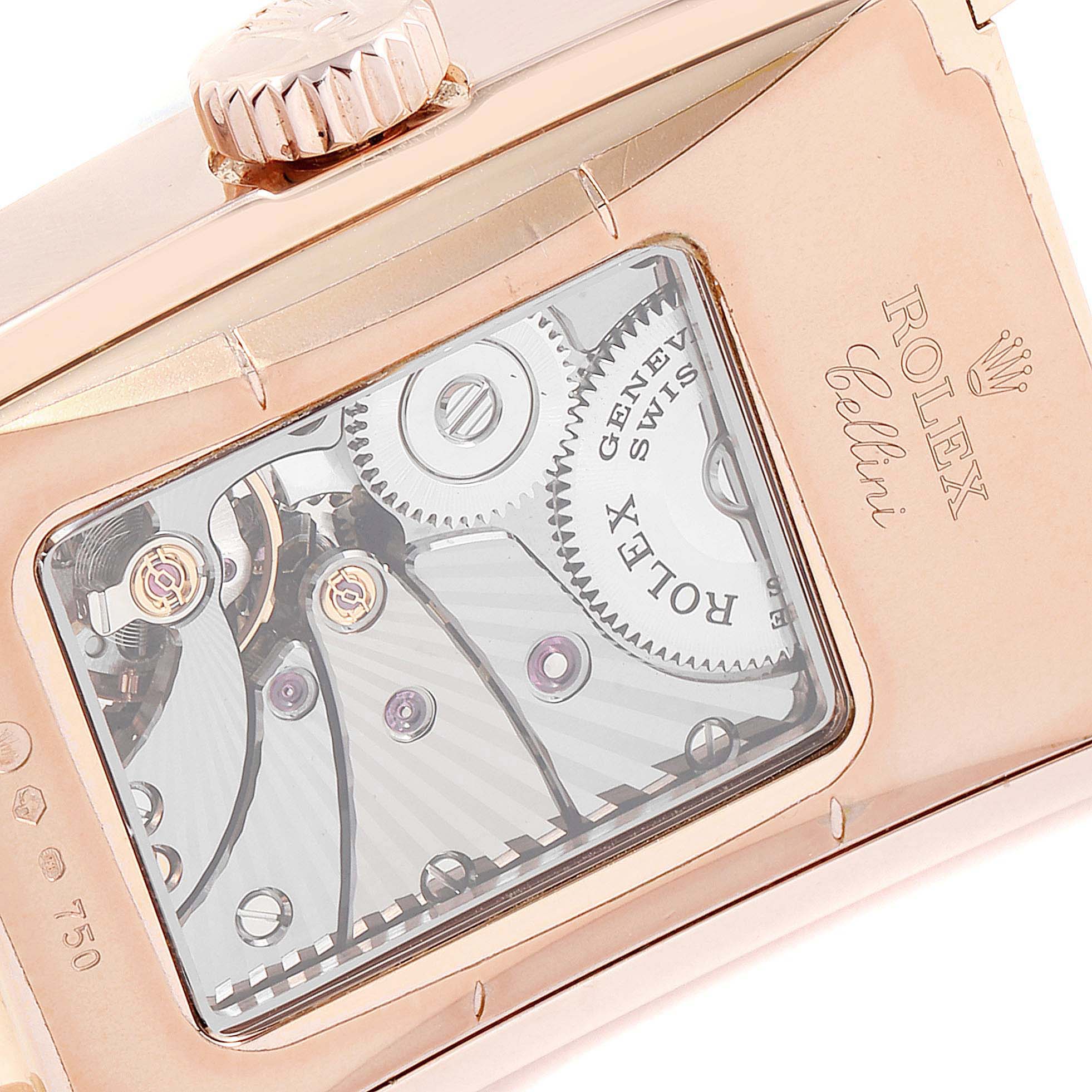 The image shows the back of a Rolex Cellini 5442 Men's Rose Gold Black Dial 5442 Men's Rose Gold Black Dial watch, highlighting its internal mechanical components and branding.