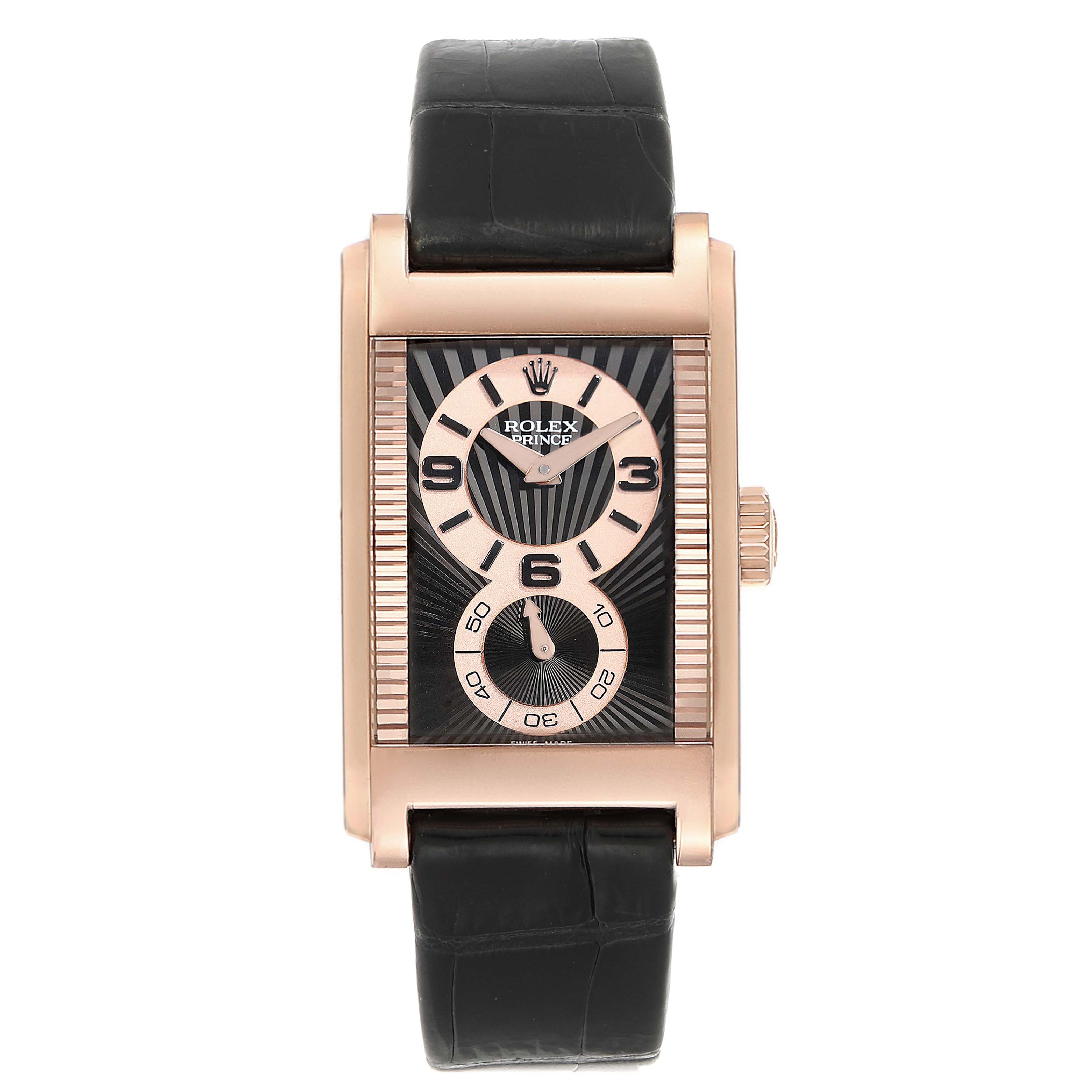 The image shows a front view of a Rolex Cellini 5442 Men's Rose Gold Black Dial 5442 Men's Rose Gold Black Dial watch with a rectangular case and a black leather strap.