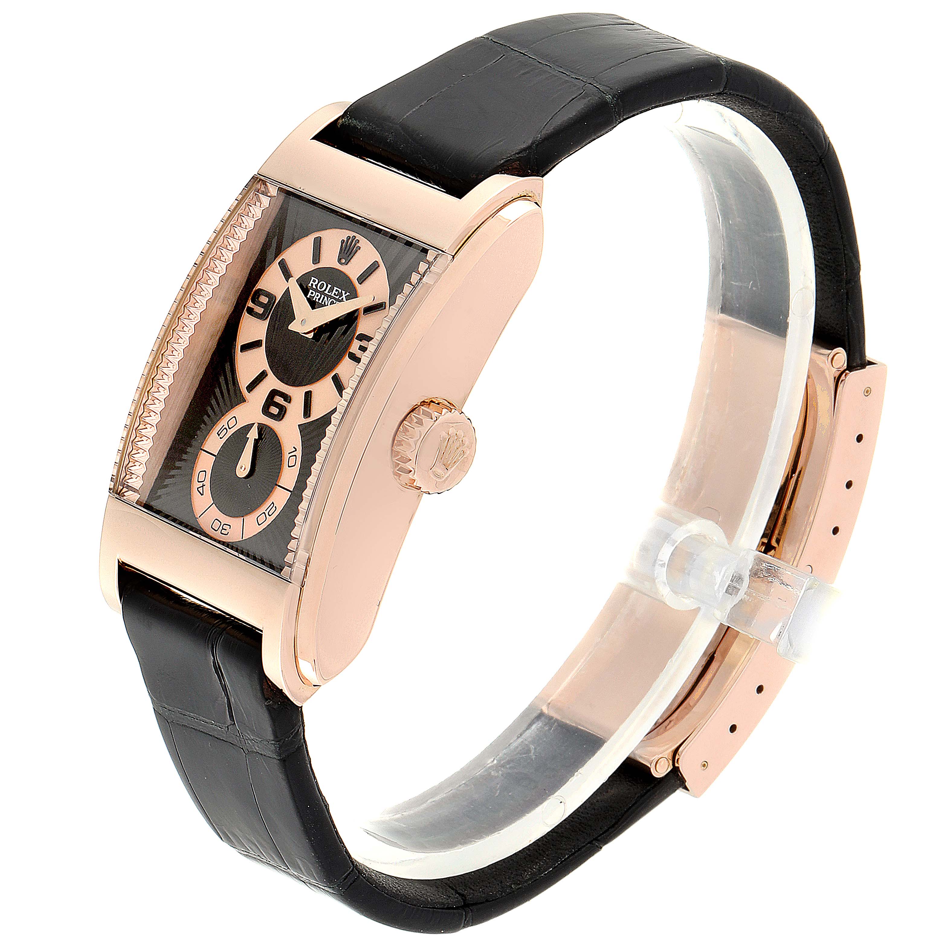 The Rolex Cellini 5442 Men's Rose Gold Black Dial 5442 Men's Rose Gold Black Dial watch is shown at a 3/4 angle, highlighting the face, crown, and black leather strap.