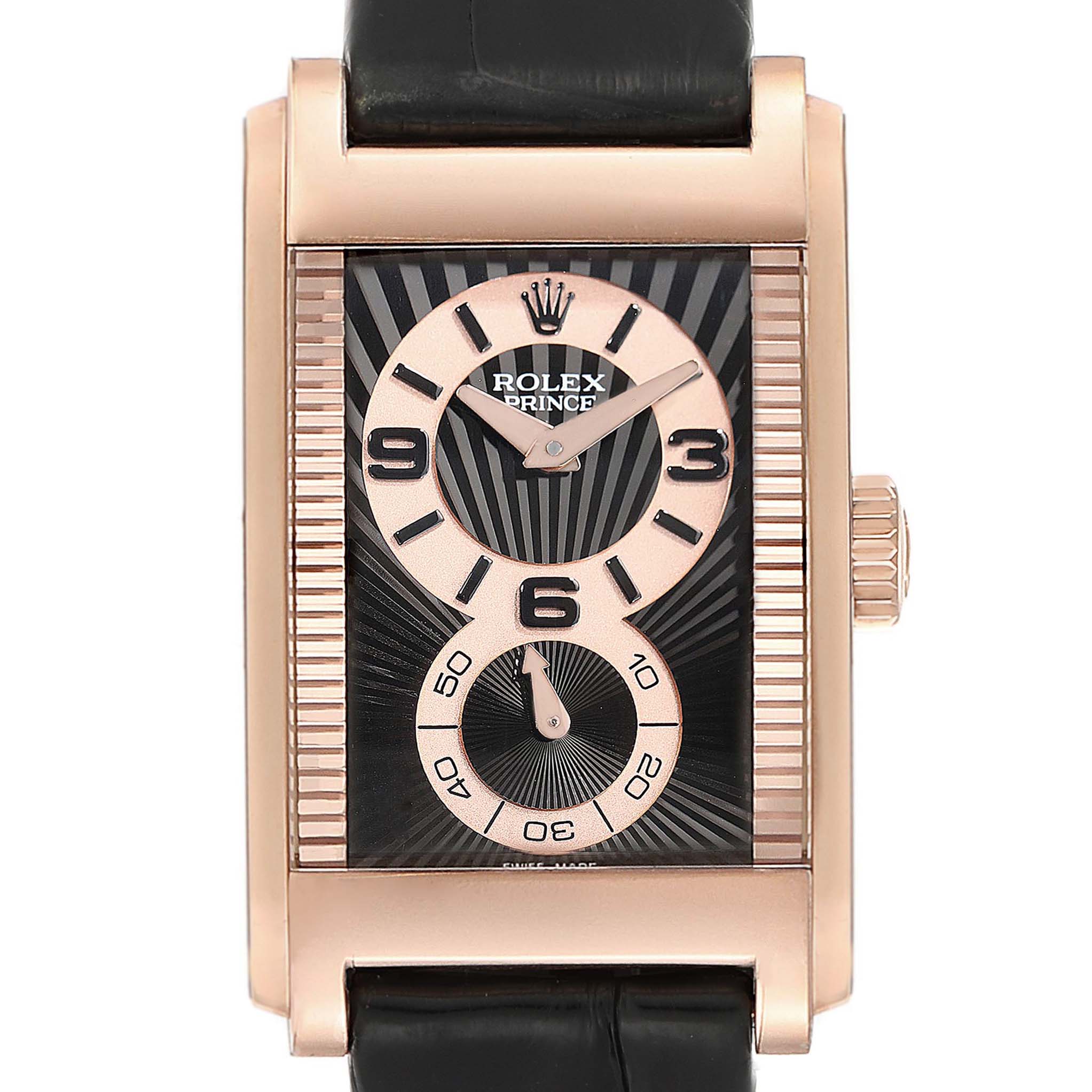This image shows a frontal view of a Rolex Cellini 5442 Men's Rose Gold Black Dial 5442 Men's Rose Gold Black Dial Prince watch showcasing its rectangular dial, crown, and leather strap.