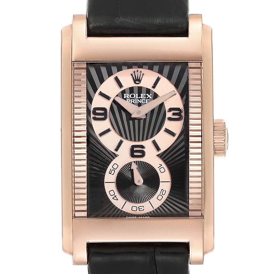 This image shows a frontal view of a Rolex Cellini 5442 Men's Rose Gold Black Dial 5442 Men's Rose Gold Black Dial Prince watch showcasing its rectangular dial, crown, and leather strap.