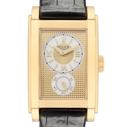 The Rolex Cellini 5440 Men's Yellow Gold Champagne Dial watch is shown from the front, displaying the rectangular dial, gold case, black leather strap, and side crown.