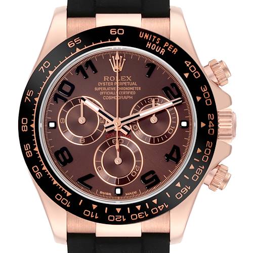 The Rolex Daytona 116515LN Men's Rose Gold Brown Dial 116515LN Men's Rose Gold Brown Dial watch is shown from the front, highlighting its dial, bezel, sub-dials, and crown.