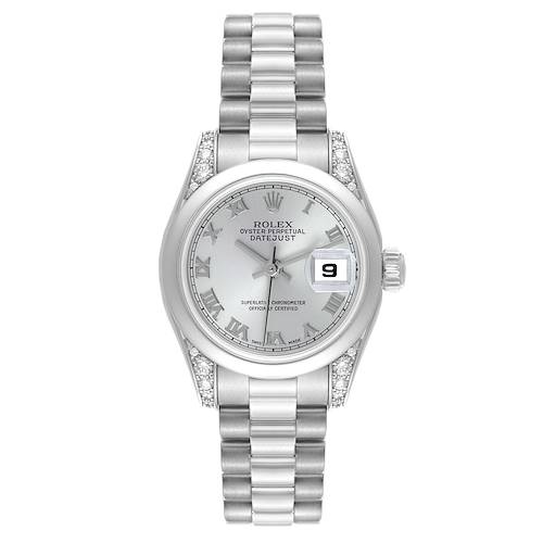 The Rolex President 179296 Women's Platinum Silver Dial 179296 Women's Platinum Silver Dial watch is shown from a top-down angle, featuring the dial, bracelet, and diamond-accented lugs.