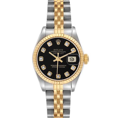 The Rolex Datejust 69173 Women's Steel and Gold (two tone) Black Dial watch is shown from a top-down angle, displaying the face, bezel, and part of the bracelet.