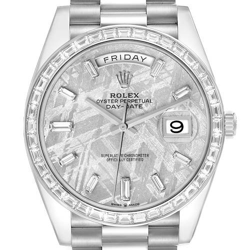 This is a close-up of the Rolex President 228396TBR Men's Platinum Silver Dial 228396TBR Men's Platinum Silver Dial model, showing the dial, bezel, day-date display, and part of the bracelet.