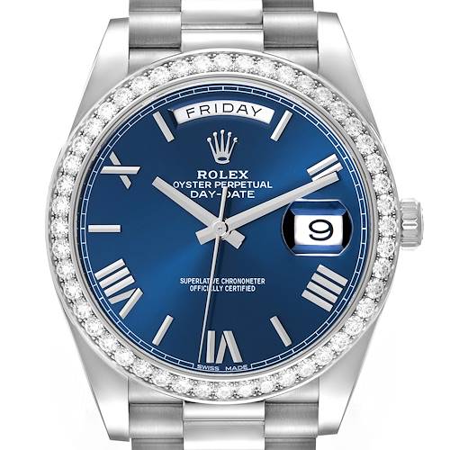 The Rolex President 228349RBR Men's White Gold Blue Dial 228349RBR Men's White Gold Blue Dial model is shown from a front angle, displaying its blue dial, diamond bezel, and day-date features.