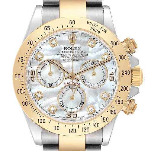 The image shows a close-up front angle of the Rolex Daytona 116523 Men's Steel and Gold (two tone) Mother of Pearl Dial watch, highlighting its dial, bezel, and subdials.