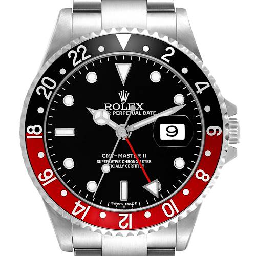 The image shows a front view of the Rolex GMT-Master 16710 Men's Stainless Steel Black Dial 16710 Men's Stainless Steel Black Dial II watch, highlighting its black and red bezel, date window, and stainless steel bracelet.