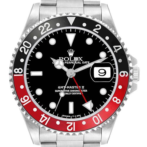 The Rolex GMT-Master 16710 Men's Stainless Steel Black Dial II watch is shown from a front angle, displaying its dial, hands, bezel, and part of the bracelet.