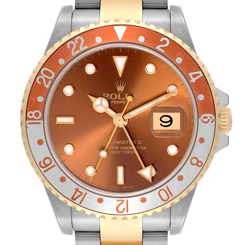 The image shows a front-facing view of a Rolex GMT-Master 16713 Men's Steel and Gold (two tone) Brown Dial 16713 Men's Steel and Gold (two tone) Brown Dial II watch with a two-tone bezel and bracelet, and a date window.