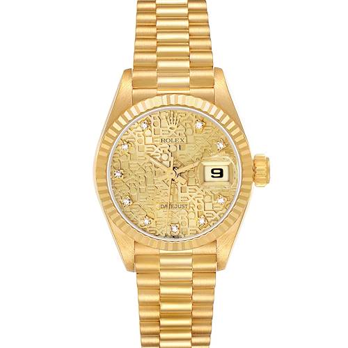 The image shows a Rolex President 69178 Men's Yellow Gold Champagne Dial model watch from a front angle, displaying the dial, bracelet, bezel, and date window.