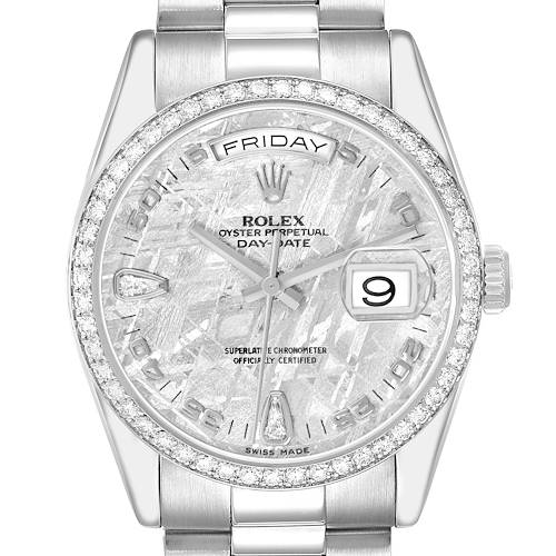 The Rolex President 118346 Men's Platinum Silver Dial model is shown from the front, highlighting its dial, bezel, and strap.