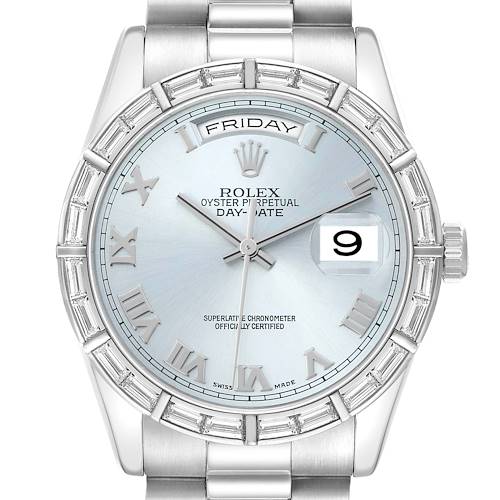 The image shows a frontal view of the Rolex President 118366 Men's Platinum Blue Dial model watch, featuring its dial, bezel, and part of the bracelet.