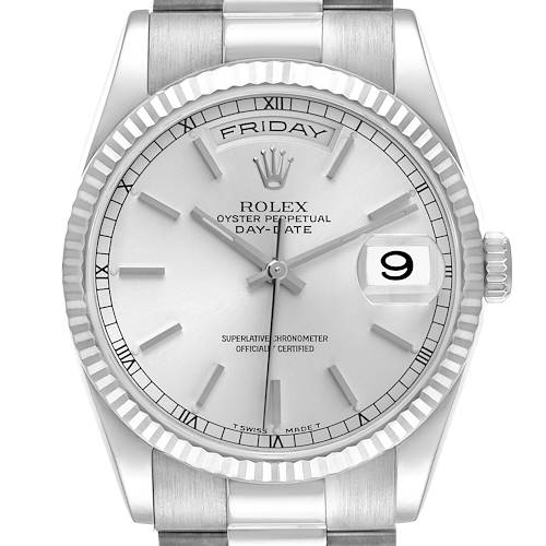 The image shows a frontal view of the Rolex President 118239 Men's White Gold Silver Dial 118239 Men's White Gold Silver Dial model, highlighting its dial, bezel, bracelet, and day-date feature.