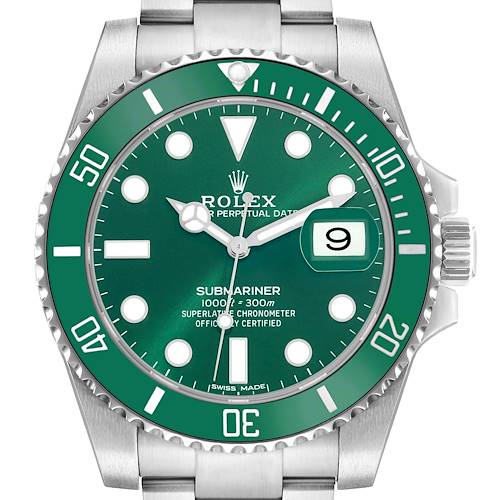The Rolex Submariner 116610LV Men's Stainless Steel Green Dial watch is shown from the front, displaying the green dial, rotating bezel, and date feature.