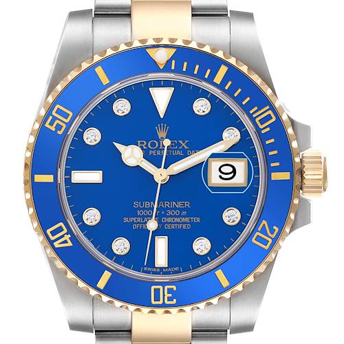 The Rolex Submariner 116613 Men's Steel and Gold (two tone) Blue Dial watch is shown from a front angle, highlighting the blue dial, gold bezel, and bracelet.