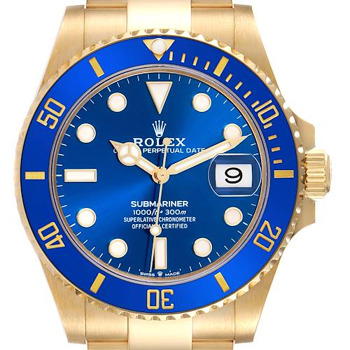 The image shows a frontal view of the Rolex Submariner 126618LB Men's Yellow Gold Blue Dial 126618LB Men's Yellow Gold Blue Dial watch, highlighting the dial, bezel, and crown.