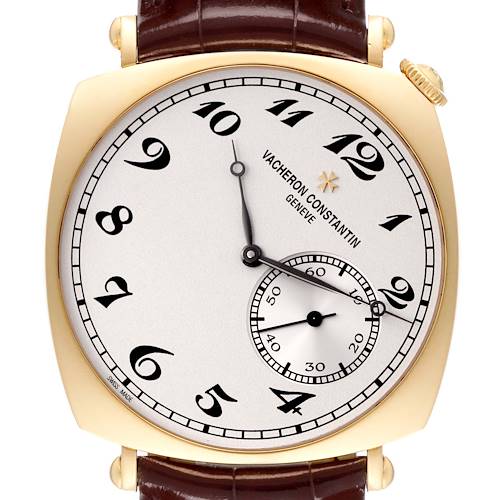 The Vacheron Constantin Historiques 82035-000J-9964 Men's Yellow Gold Silver Dial 82035-000J-9964 Men's Yellow Gold Silver Dial watch is shown from the front, displaying the dial, hands, case, and part of the leather strap.