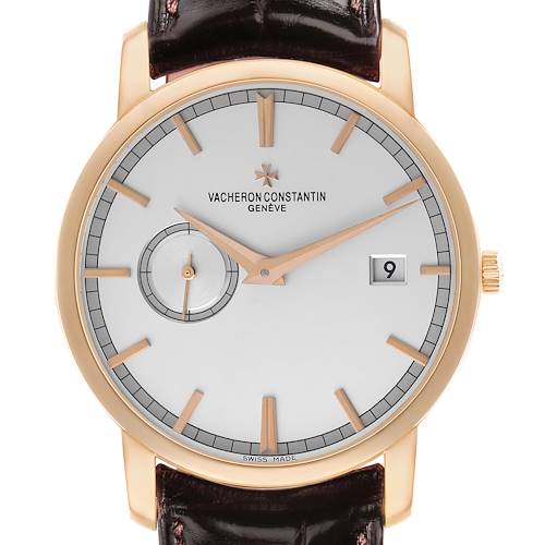 The Vacheron Constantin Traditionnelle 87172/000R-9302 Men's Rose Gold Silver Dial watch is shown from a front angle, highlighting its dial, hands, indices, crown, and strap.