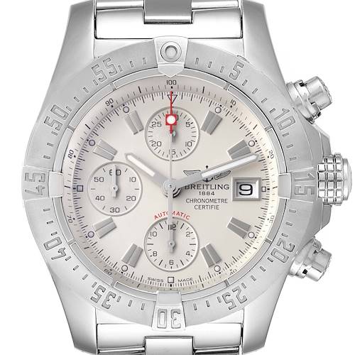 This image shows a front view of a Breitling Avenger A13380 Men's Stainless Steel Silver Dial A13380 Men's Stainless Steel Silver Dial watch highlighting the dial, bezel, and part of the bracelet.