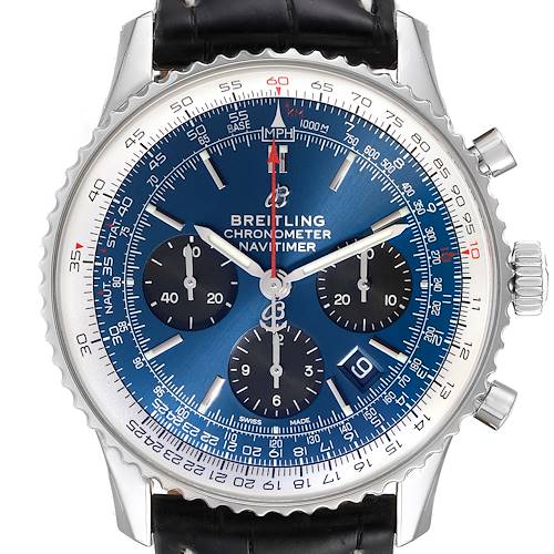 The image shows a frontal view of a Breitling Navitimer AB0121C4-C920-731P Men's Stainless Steel Blue Dial AB0121C4-C920-731P Men's Stainless Steel Blue Dial watch, highlighting its blue dial, chronograph subdials, and date window.