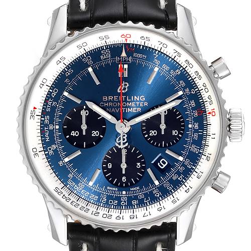 The image shows a front view of a Breitling Navitimer AB0121C4-C920-731P Men's Stainless Steel Blue Dial AB0121C4-C920-731P Men's Stainless Steel Blue Dial watch, displaying its blue dial, chronometer subdials, and black leather strap.